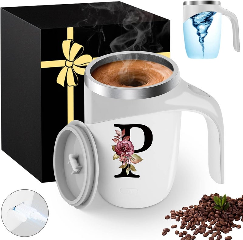 MNZZ Initial Magnetic Stirring Coffee Mug Stainless Insulated Travel Cup Teacher Co worker Assistant Principal Christmas Paraprofessional Administrative It Hr Admin Day French Nursing Spanish Swim Gift,P - Image 1